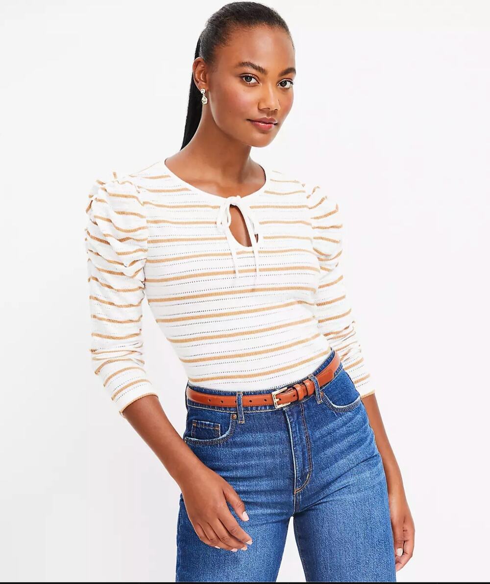LOFT Striped Jacquard Tie Keyhole Ruched Sleeve Top // S
